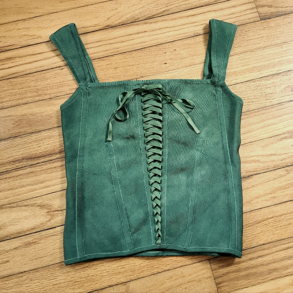 Ralph Lauren Green Lace-Up Knit Corset Sleeveless Crop Top